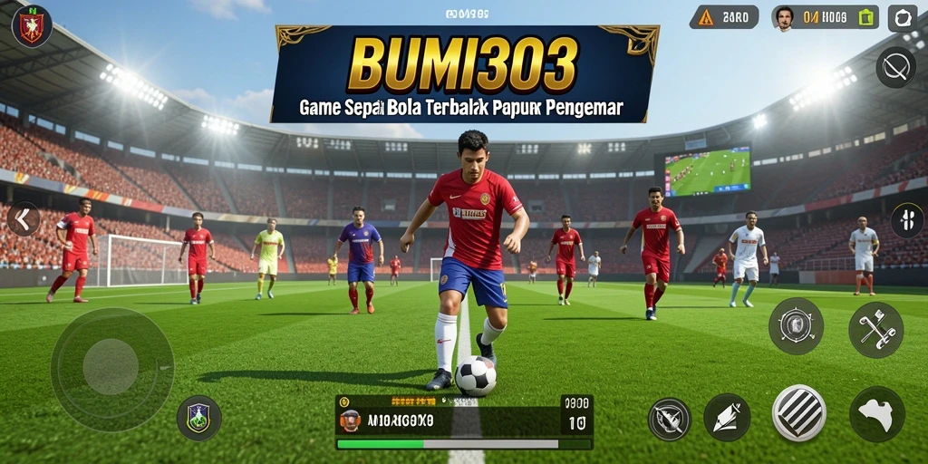 Screenshot gameplay BUMI303 dengan aksi pertandingan sepak bola yang menegangkan.