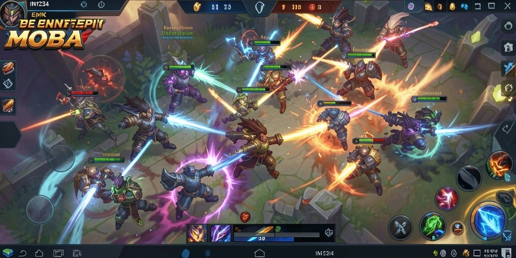 Tangkapan layar IN1234 menampilkan intense gameplay MOBA dengan pertempuran karakter yang penuh strategi.