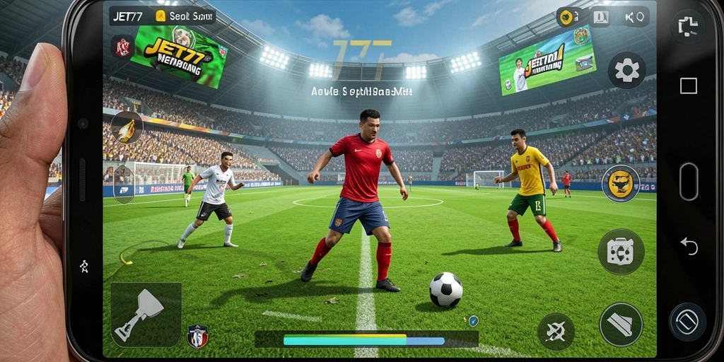 Tampilan utama gameplay JET77 dengan aksi seru sepak bola.