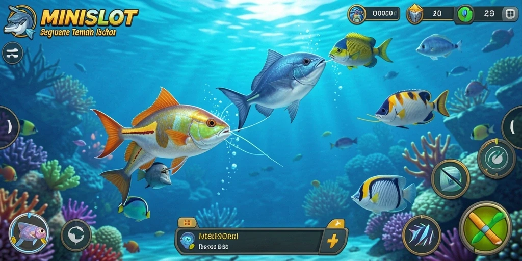 Tampilan gameplay MINISLOT dengan aksi menembak ikan yang seru.