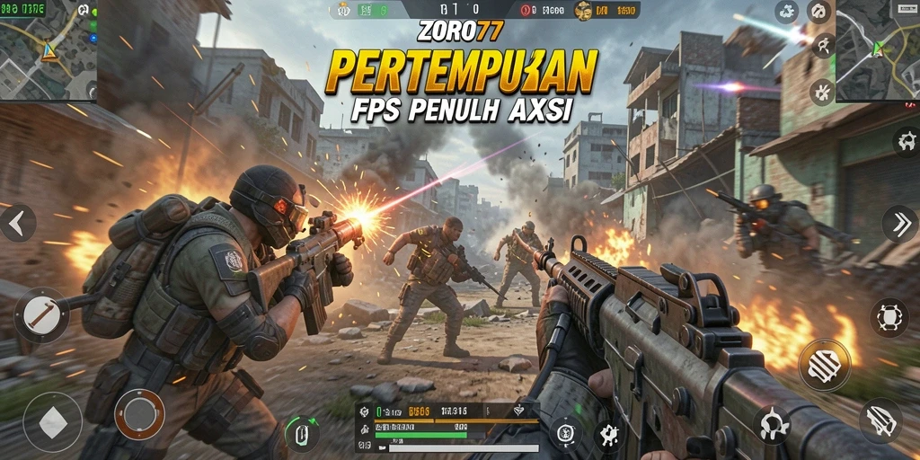 Screenshot utama menampilkan aksi tembak-menembak intens dalam ZORO77.